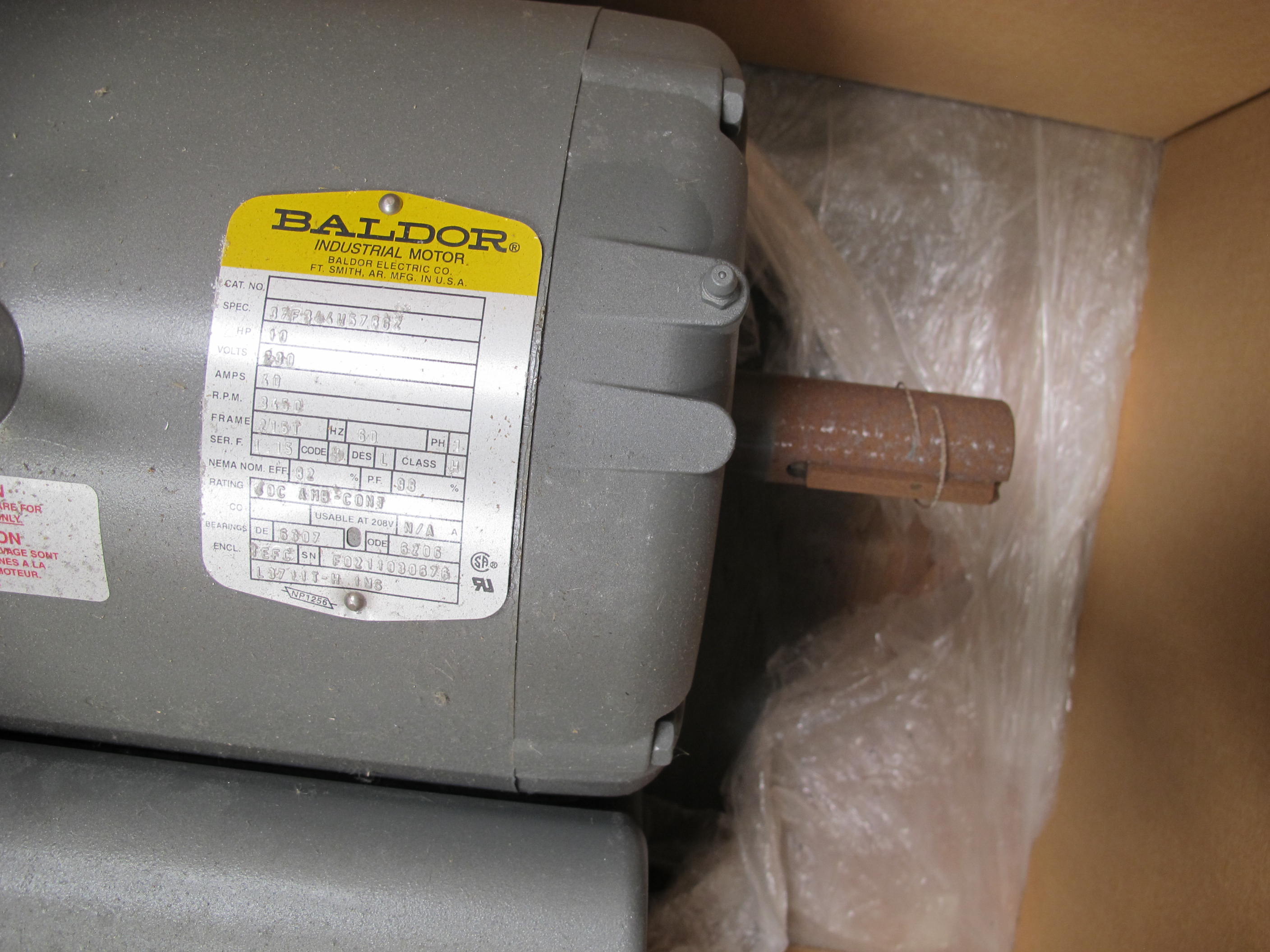 MOTOR, ELECTRIC TYPE, 10 HORSEPOWER, 230VAC ELEC RATING, 3450 RPM, 215T FRAME, TEFC ENCLOSURE, 1.0 SERVICE FACTOR. MOTOR TO BE MODIFIED WITH CLASS H INSULATION. DO NOT SUBSTITUTE, PART # L3711T (W-44) LOADING & HANDLING FEE $15-